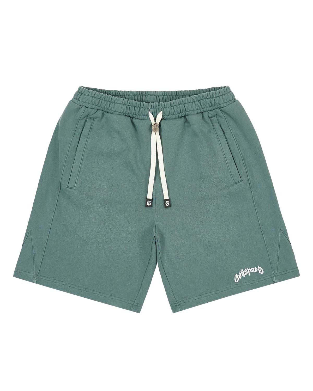 Godspeed Vital Terry Shorts sage smoke, sage green French terry shorts with a white Godspeed script, front view