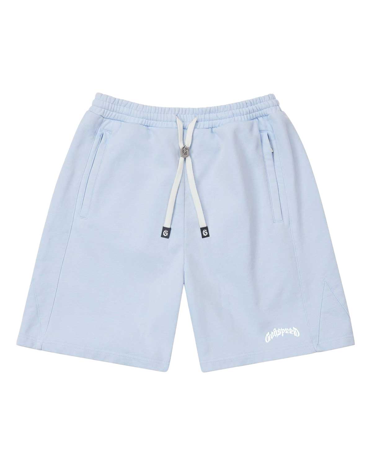Godspeed Vital Terry Shorts sky blue, sky blue French terry shorts with a white Godspeed script, front view