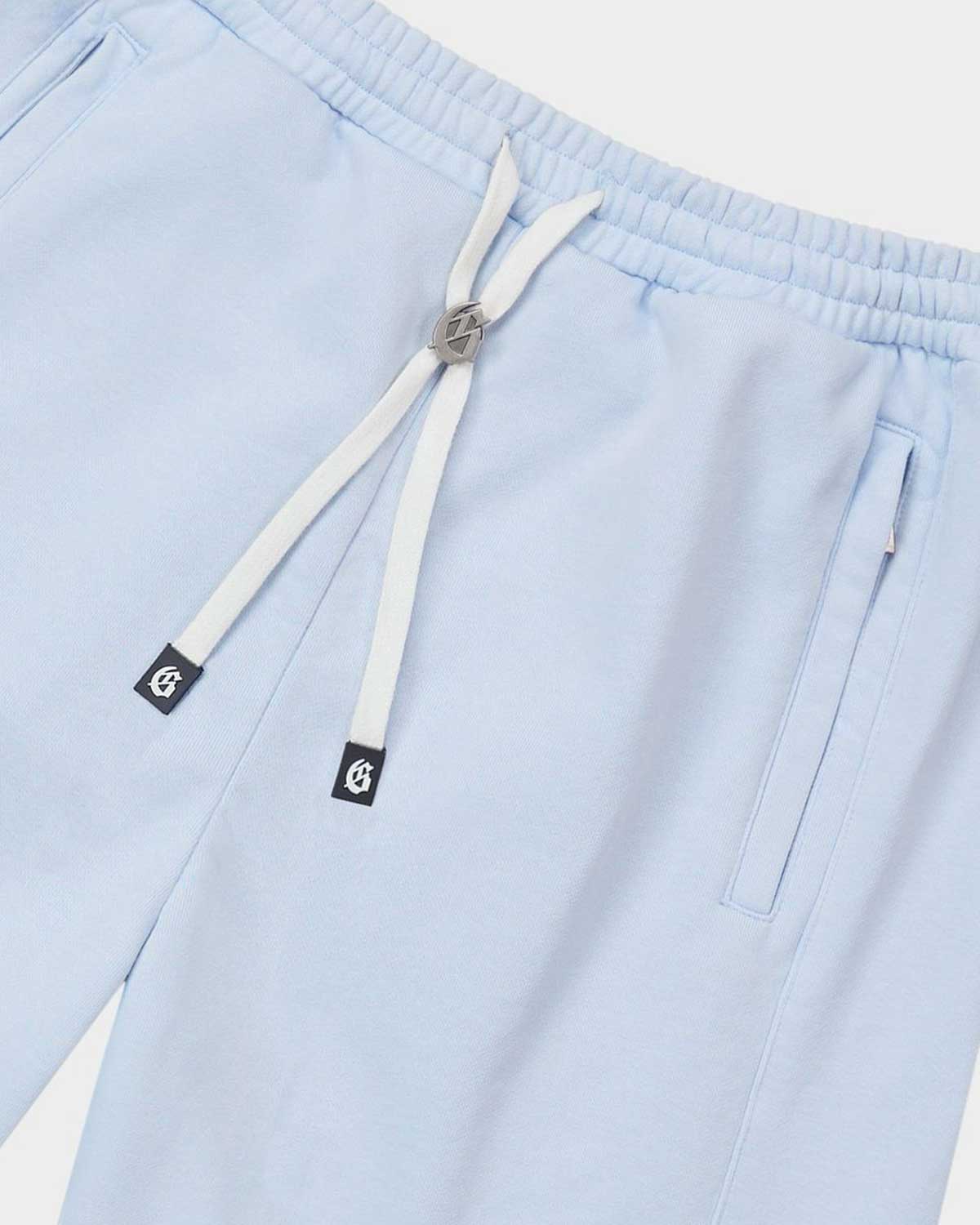 Godspeed Vital Terry Shorts sky blue, side view showing the drawstring waist and pocket