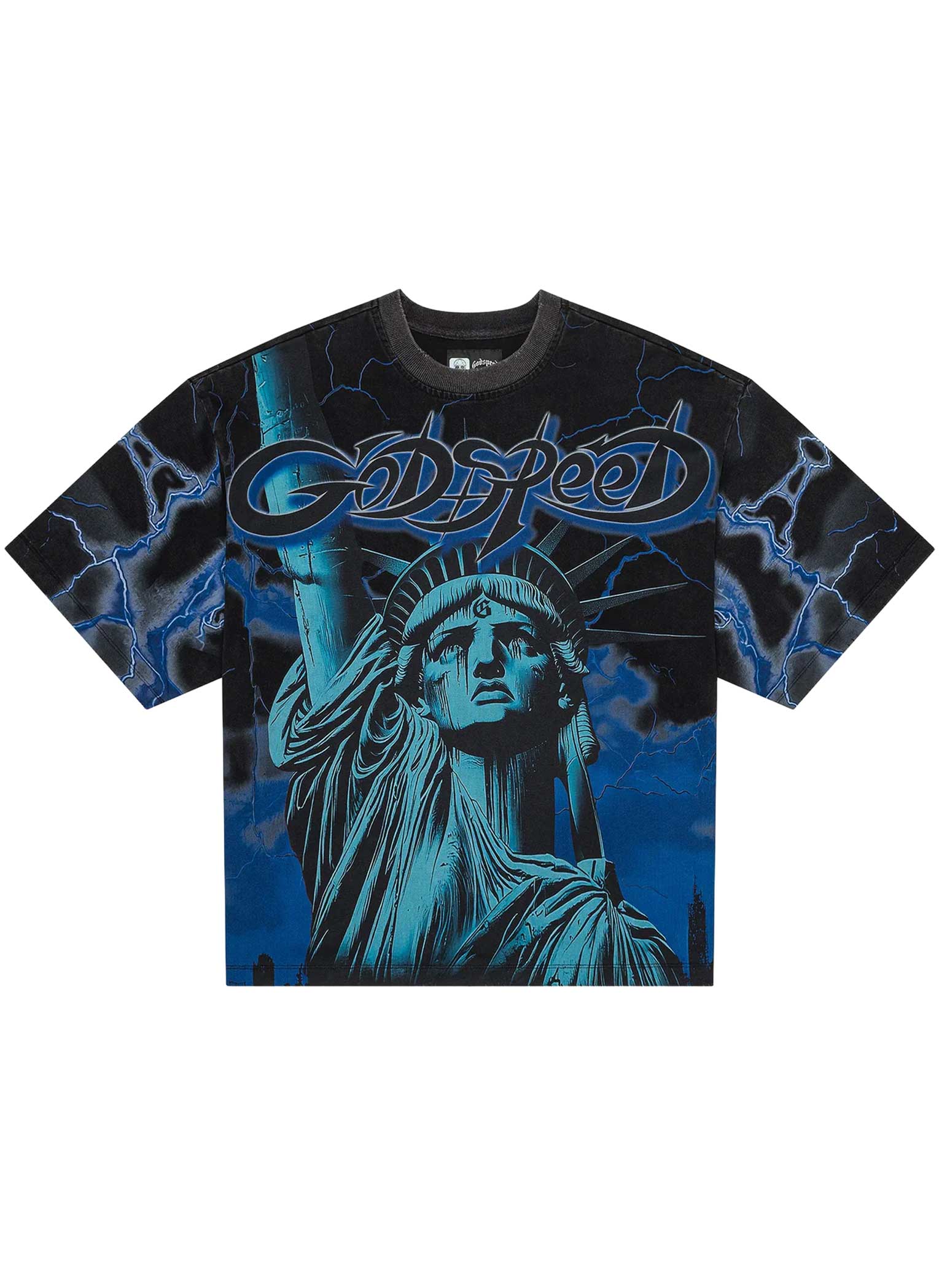 Godspeed Voltage Tee black/blue, teal Statue of Liberty over a stormy skyline with blue lightning and chrome Godspeed script, front view