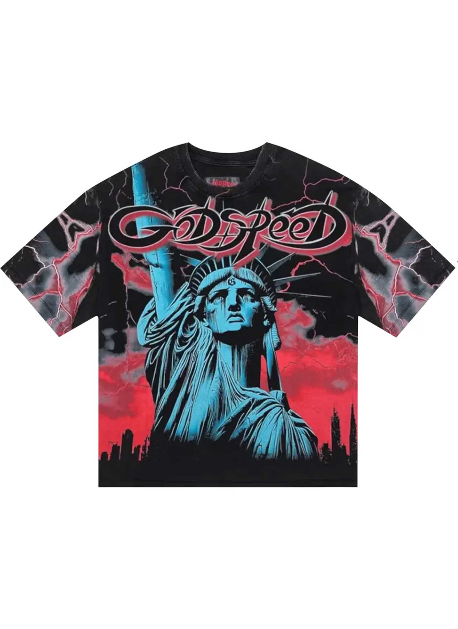 Godspeed Voltage Tee black/red, teal Statue of Liberty over a stormy skyline with red lightning and chrome Godspeed script, front view