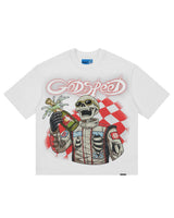 Godspeed Winners NG Tee snow white, cotton tee with a skeleton racing driver spraying champagne against a checkered flag, front view
