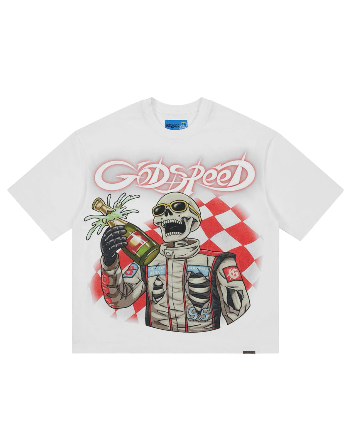 Godspeed Winners NG Tee snow white, cotton tee with a skeleton racing driver spraying champagne against a checkered flag, front view