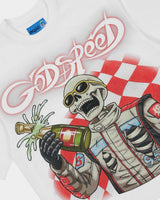 Godspeed Winners NG Tee snow white, angled close-up of the skeleton driver, champagne spray and pink chrome Godspeed script
