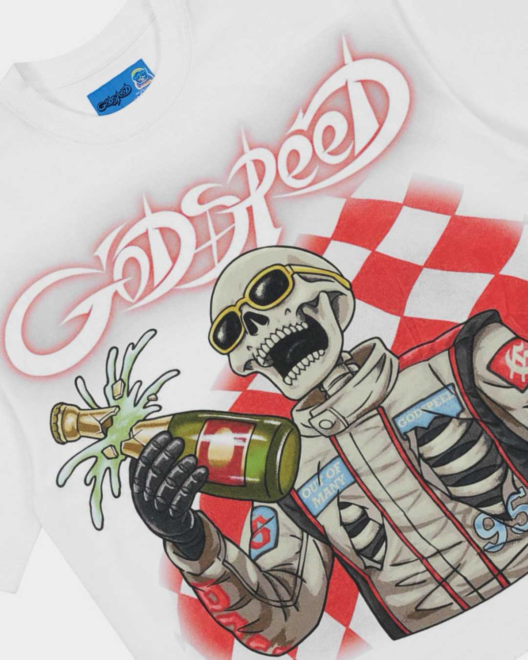 Godspeed Winners NG Tee snow white, angled close-up of the skeleton driver, champagne spray and pink chrome Godspeed script