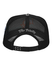 Godspeed x The Legacy Trucker Hat black/orange, back view with mesh panels and snapback closure