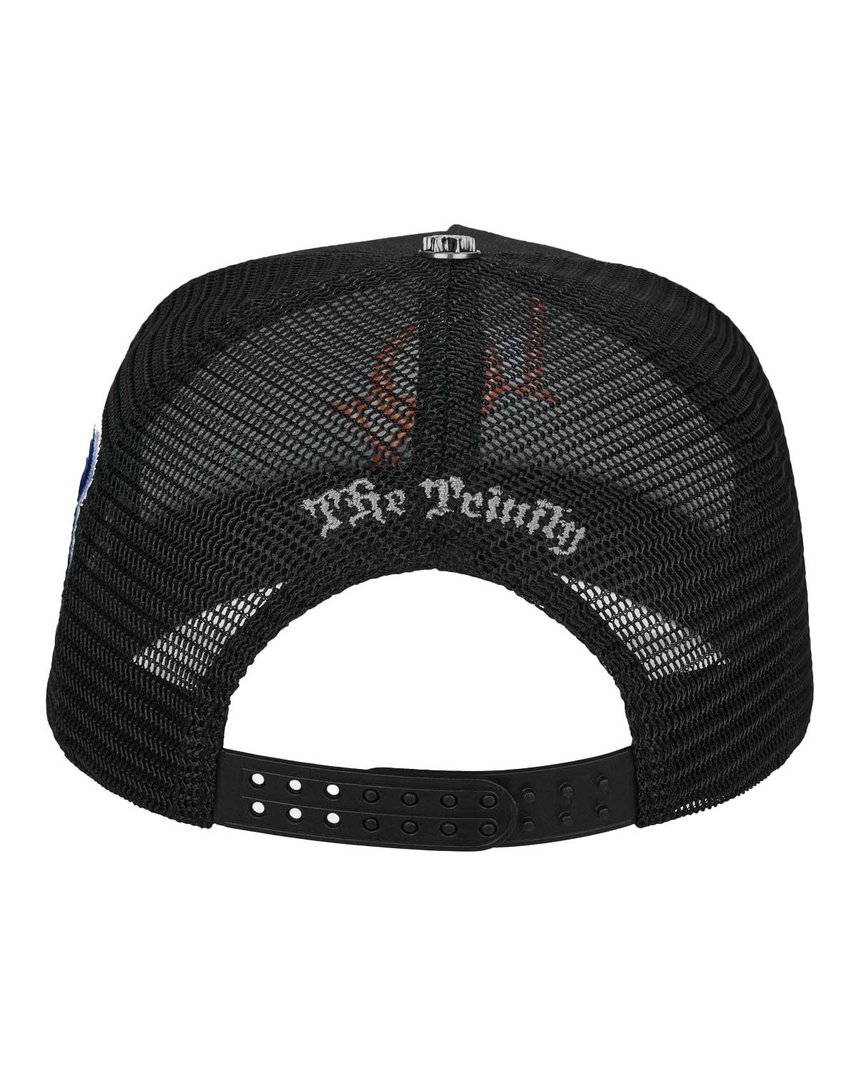 Godspeed x The Legacy Trucker Hat black/orange, back view with mesh panels and snapback closure