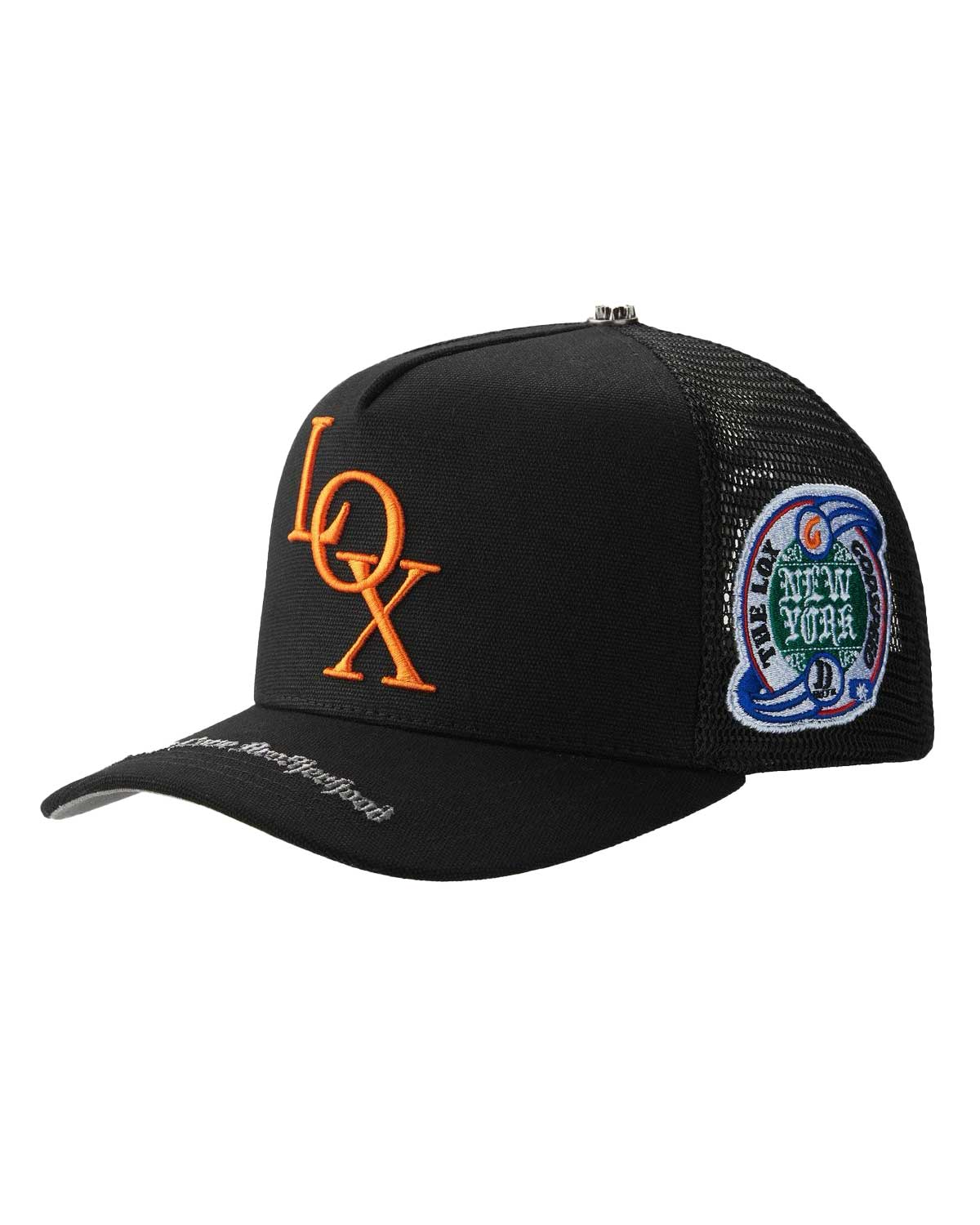 Godspeed x The Legacy Trucker Hat black/orange, angled side view of the crown and LOX embroidery