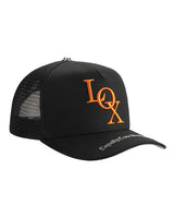 Godspeed x The Legacy Trucker Hat black/orange, side view showing the New York patch and brim script