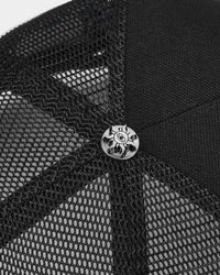 Godspeed x The Legacy Trucker Hat black/orange, close-up of the crown button and mesh panels