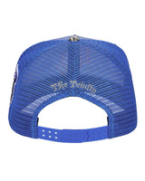Godspeed x The Legacy Trucker Hat blue/orange, back view with mesh panels and snapback closure