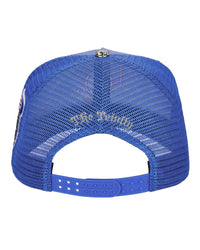Godspeed x The Legacy Trucker Hat blue/orange, back view with mesh panels and snapback closure