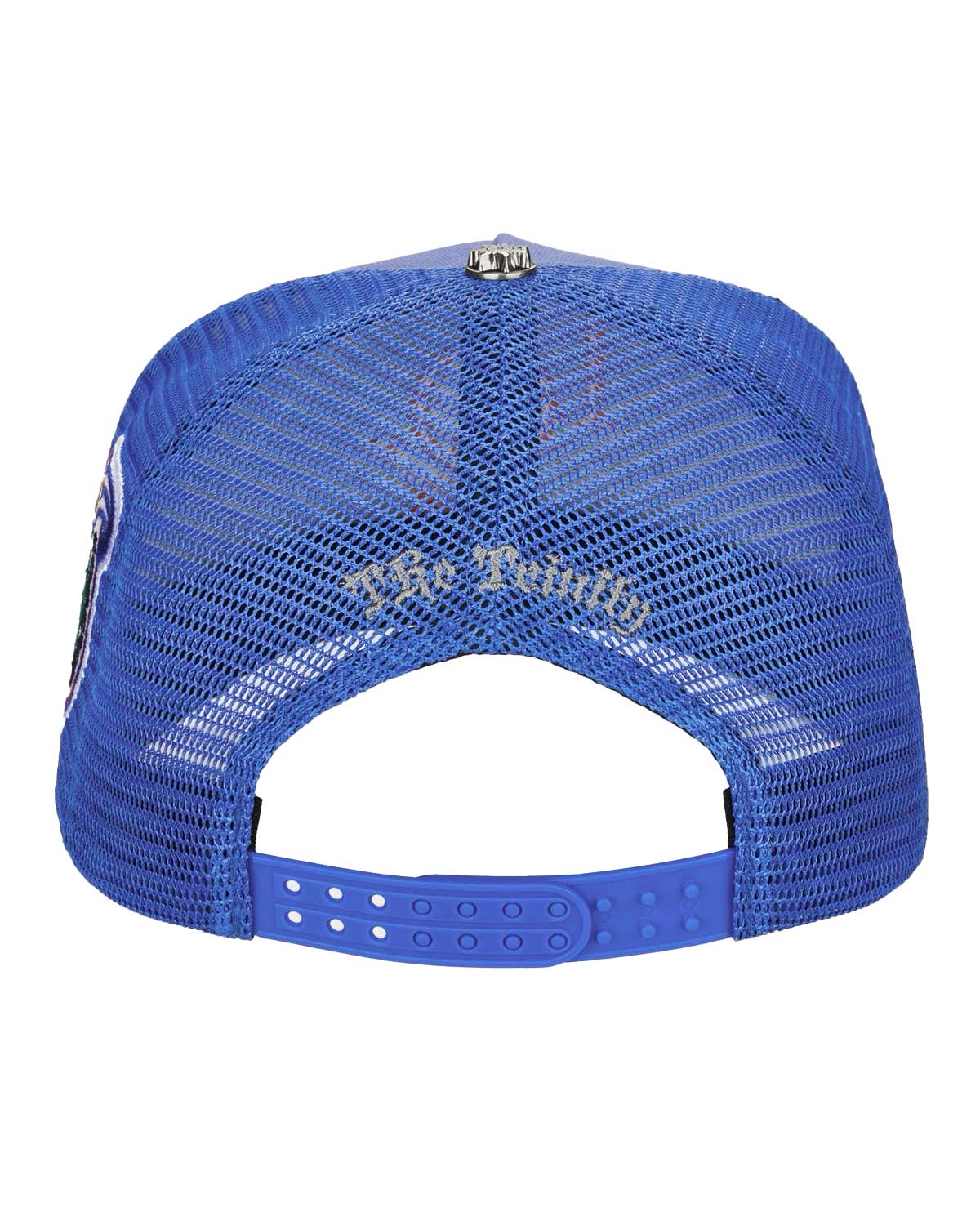 Godspeed x The Legacy Trucker Hat blue/orange, back view with mesh panels and snapback closure