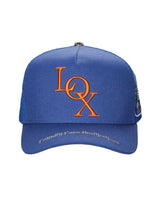 Godspeed x The Legacy Trucker Hat blue/orange, mesh-back trucker with orange LOX embroidery, front view