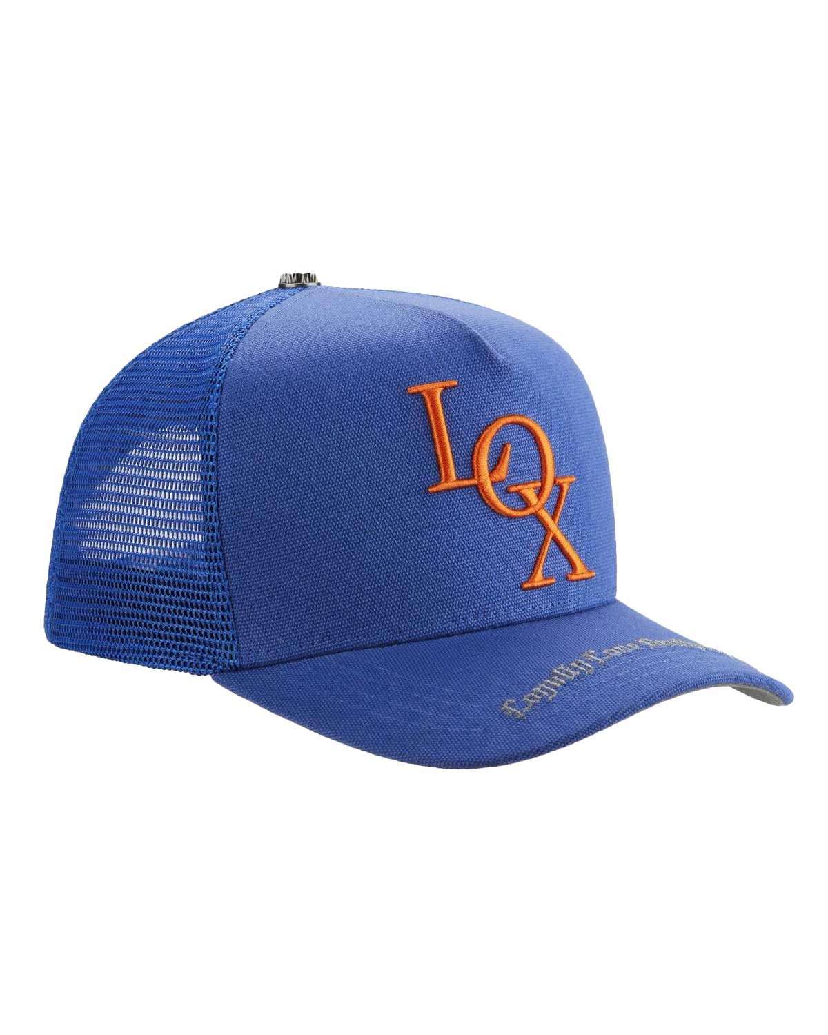 Godspeed x The Legacy Trucker Hat blue/orange, angled side view of the crown and LOX embroidery