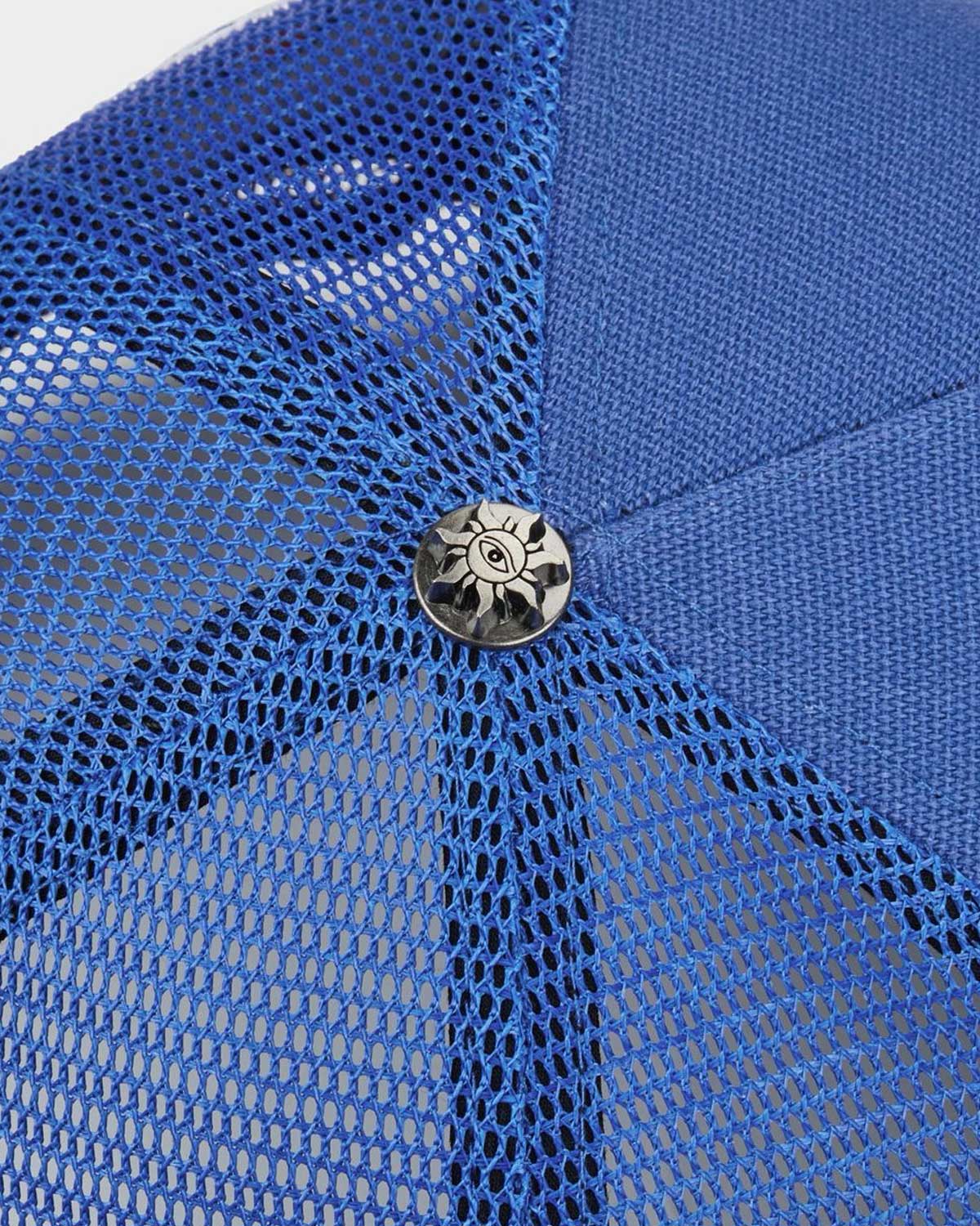 Godspeed x The Legacy Trucker Hat blue/orange, close-up of the crown button and mesh panels