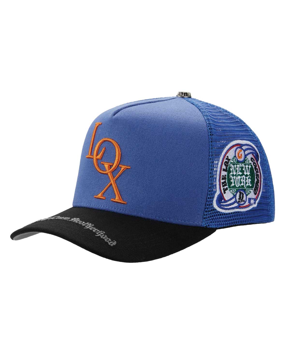 Godspeed x The Legacy Trucker Hat NYK blue/orange/black, side view showing the New York patch and brim script