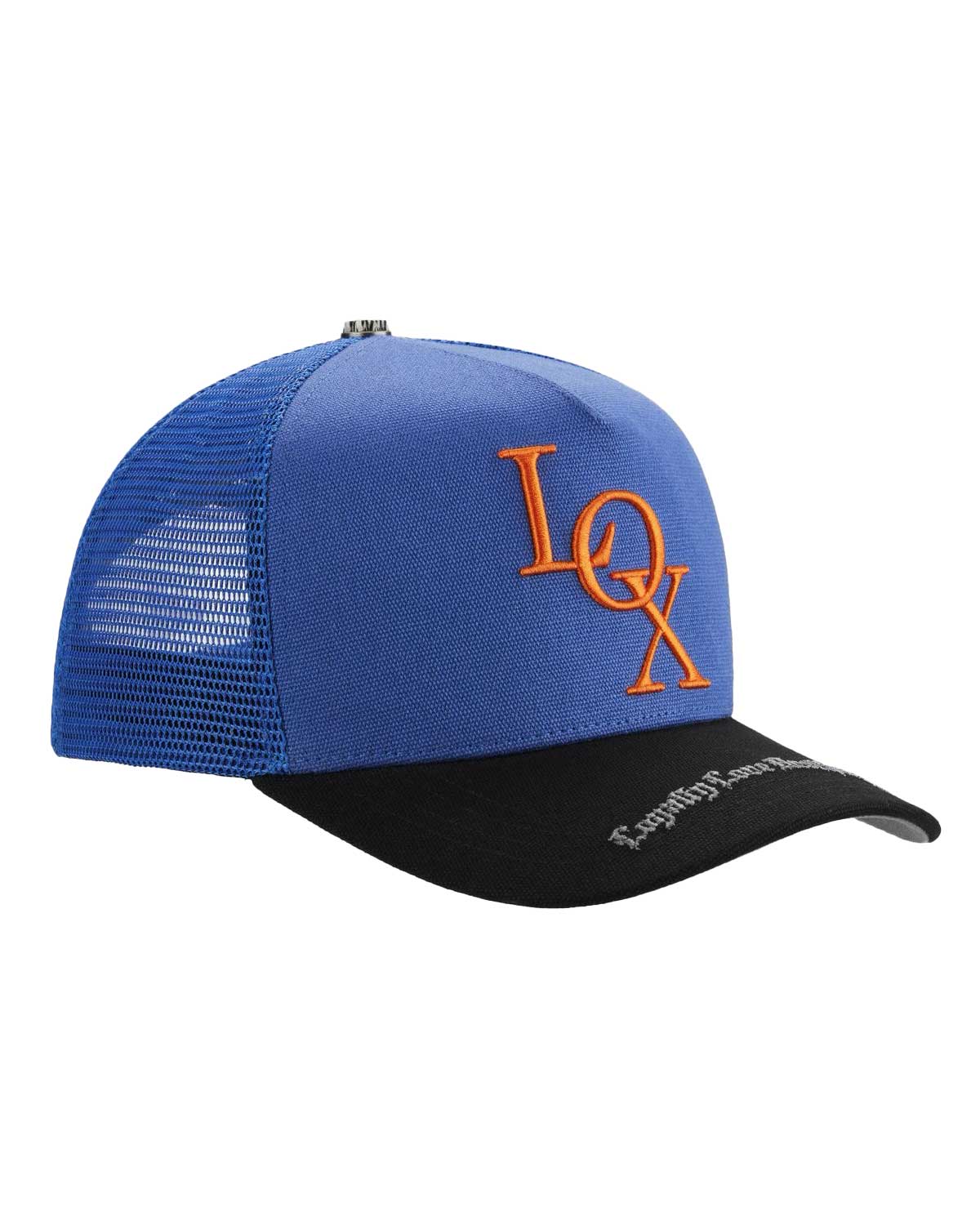 Godspeed x The Legacy Trucker Hat NYK blue/orange/black, angled side view of the crown and LOX embroidery