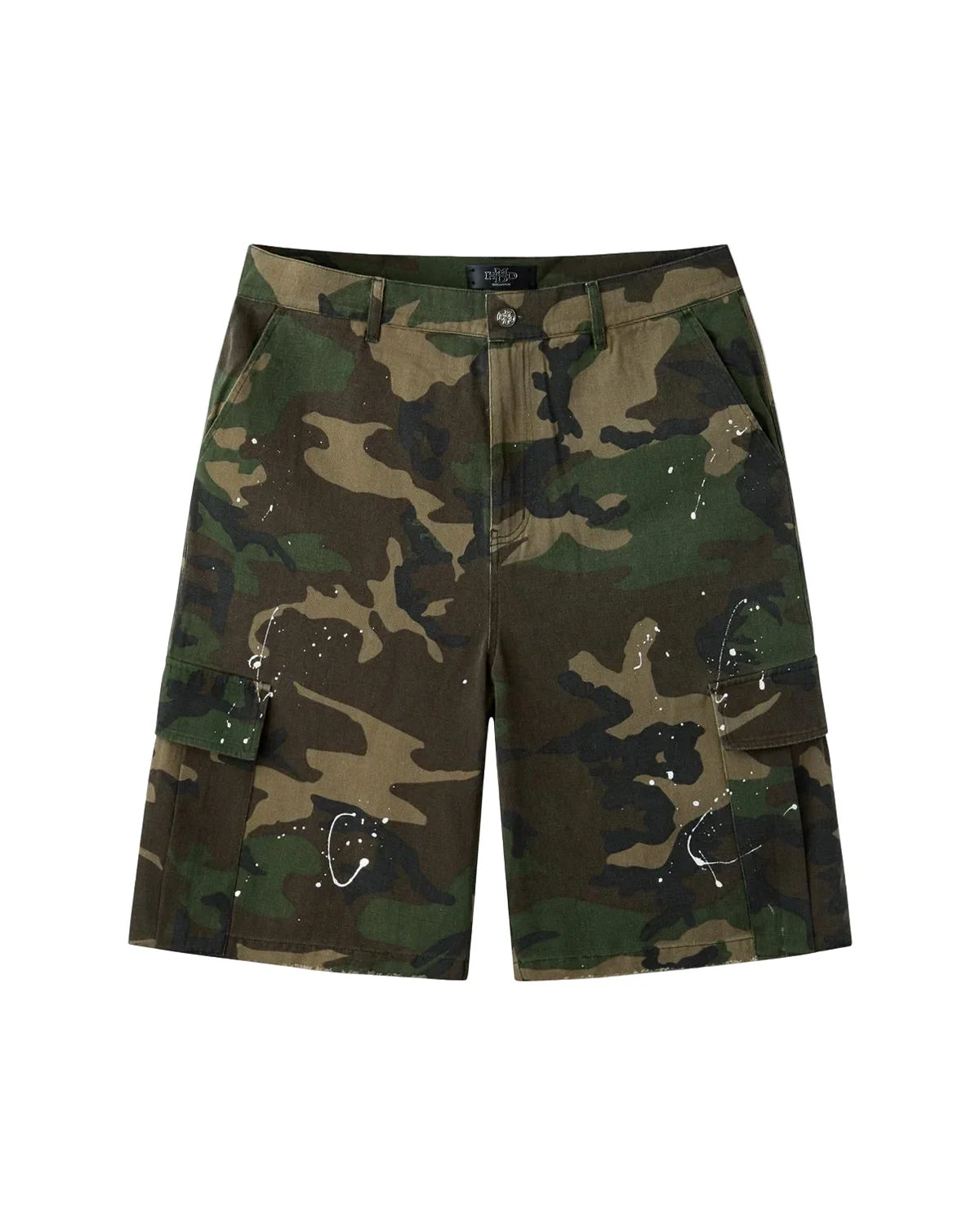 HMDD Army Everyday Worker Shorts camo, woodland camo cargo shorts with white paint splatter, front view
