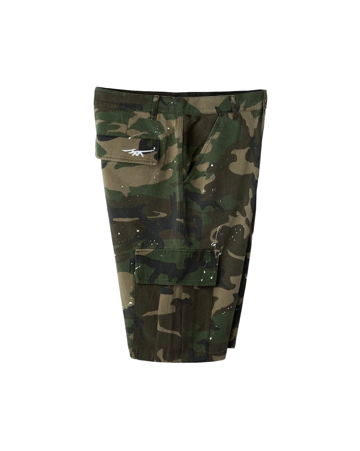 HMDD Army Everyday Worker Shorts camo, side view showing the cargo pocket flap with embroidered white logo