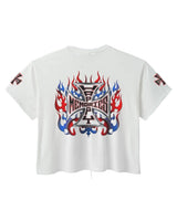 HMDD Don't Die 4th Tee white, back view showing the same chrome iron-cross and flame crest with flame hits on both sleeves
