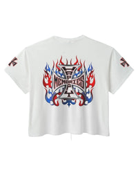 HMDD Don't Die 4th Tee white, back view showing the same chrome iron-cross and flame crest with flame hits on both sleeves