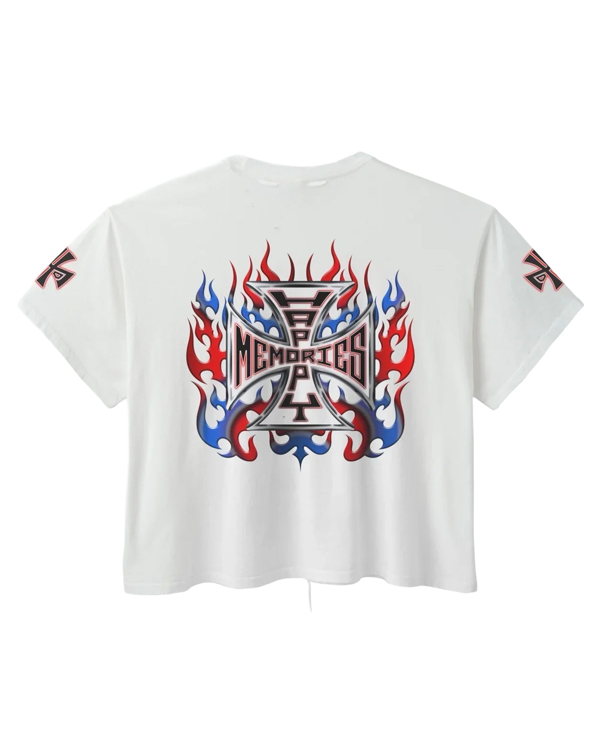 HMDD Don't Die 4th Tee white, back view showing the same chrome iron-cross and flame crest with flame hits on both sleeves
