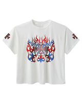 HMDD Don't Die 4th Tee white, cotton tee with a chrome iron-cross crest in red and blue flames and Happy Memories lettering, front view