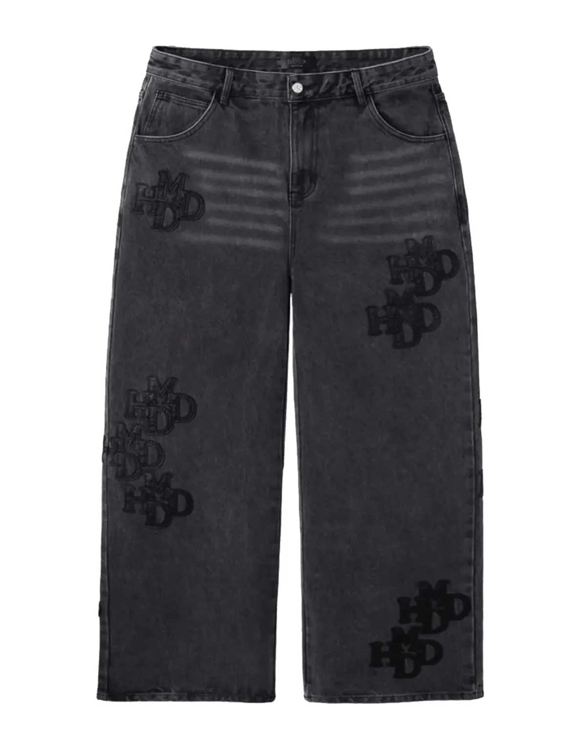 HMDD Double Knee Patch Pants black, washed wide-leg double-knee jeans with tonal black HMDD monogram patches, front view