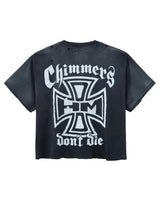 HMDD Ghost Pocket Tee, washed black cotton tee with a large Chimmers Don't Die iron-cross print, back view
