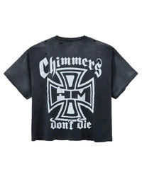 HMDD Ghost Pocket Tee, washed black cotton tee with a large Chimmers Don't Die iron-cross print, back view