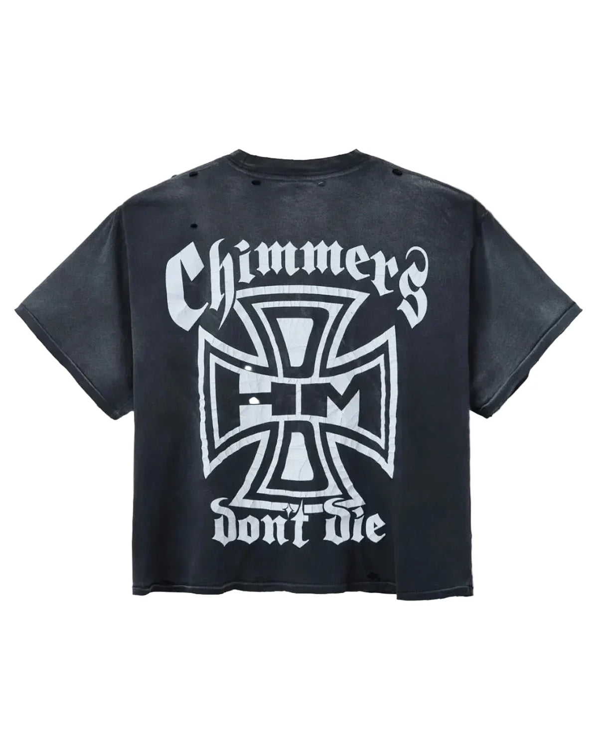 HMDD Ghost Pocket Tee, washed black cotton tee with a large Chimmers Don't Die iron-cross print, back view