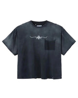 HMDD Ghost Pocket Tee, washed black cotton tee with a pinstriped iron-cross crest above a patch chest pocket, front view