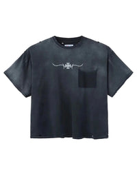 HMDD Ghost Pocket Tee, washed black cotton tee with a pinstriped iron-cross crest above a patch chest pocket, front view