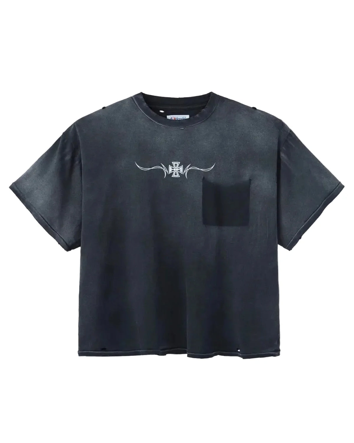 HMDD Ghost Pocket Tee, washed black cotton tee with a pinstriped iron-cross crest above a patch chest pocket, front view