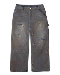 HMDD Grime Work Pants V2 grey, double-knee carpenter pants with a distressed paint-speckled wash, front view