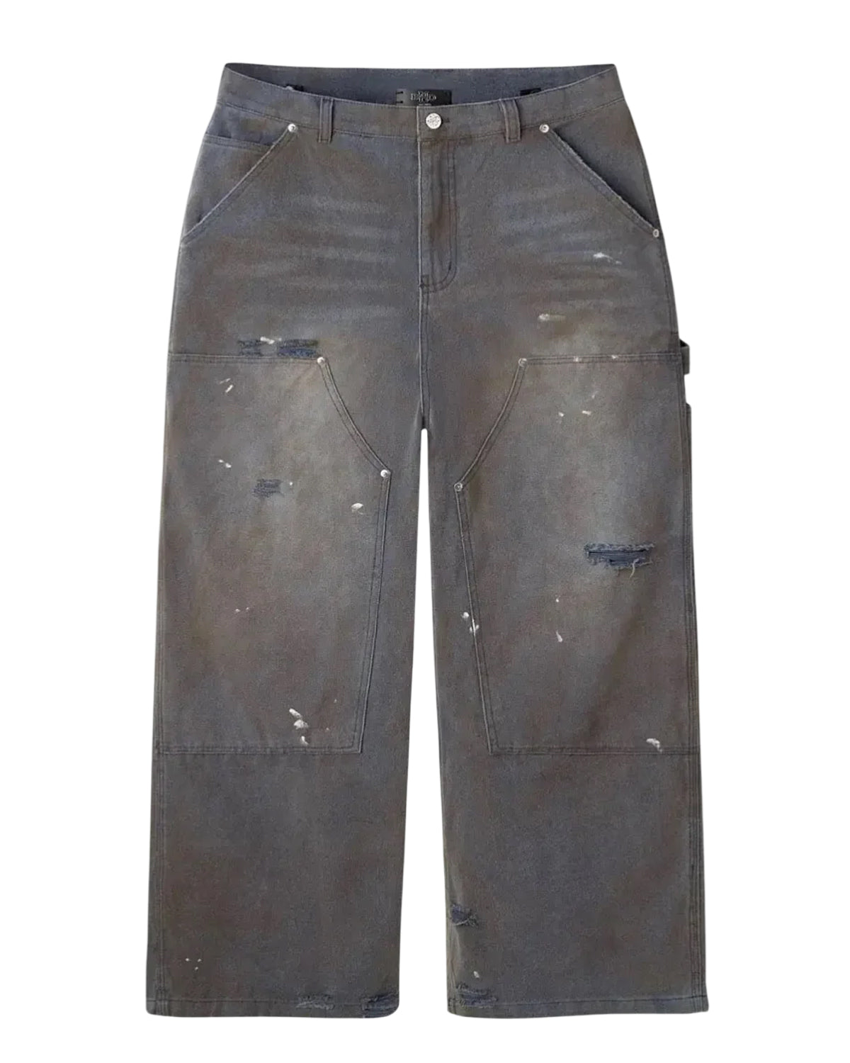 HMDD Grime Work Pants V2 grey, double-knee carpenter pants with a distressed paint-speckled wash, front view