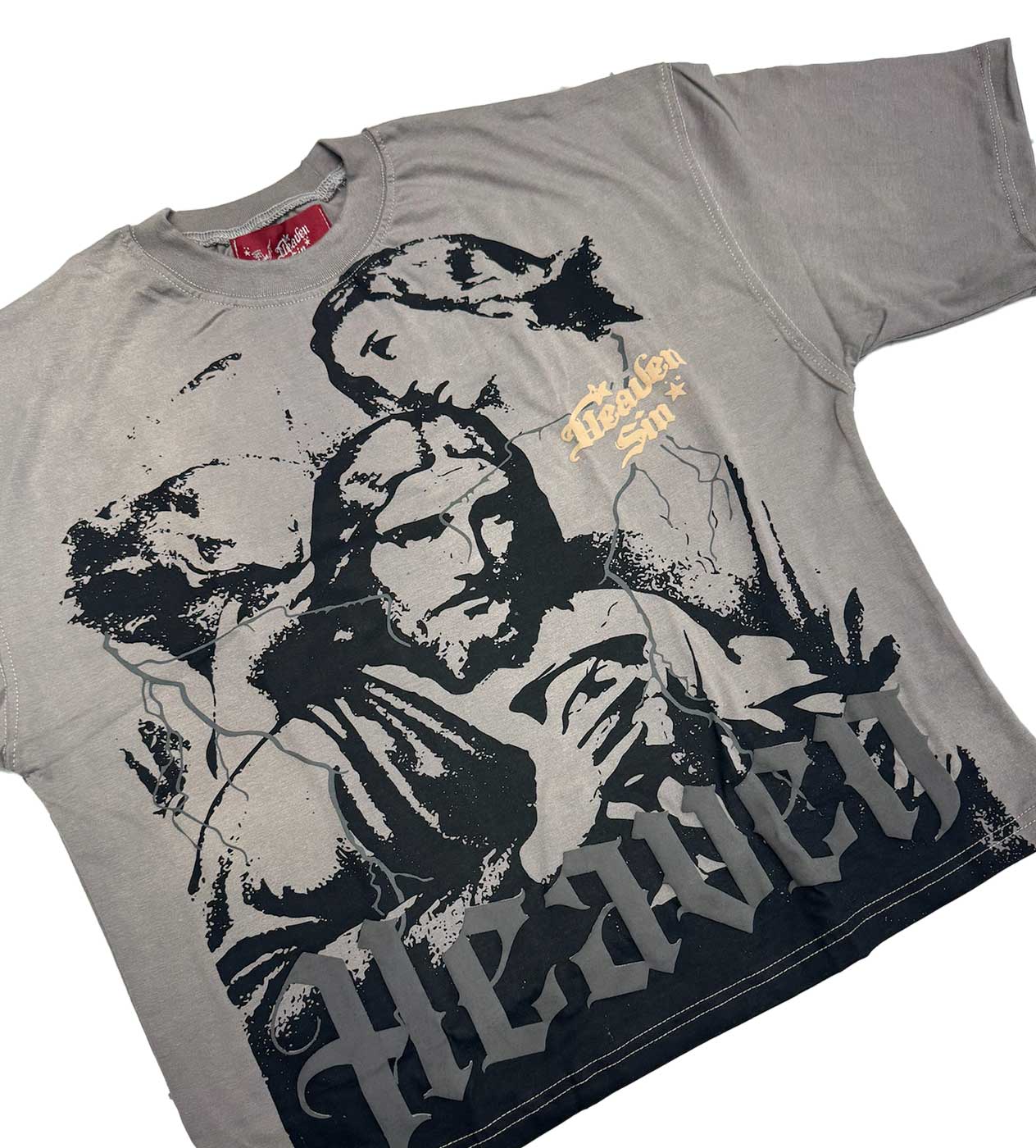 Heaven Sin Forgive Me Crop Tee Grey front side view