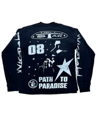 Hellstar 08 L/S Tee black, back view with the Hellstar shield, praying hands, star and Path To Paradise text