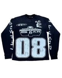 Hellstar 08 L/S Tee black, long sleeve with an oversized distressed 08 under the chrome Hellstar shield, front view