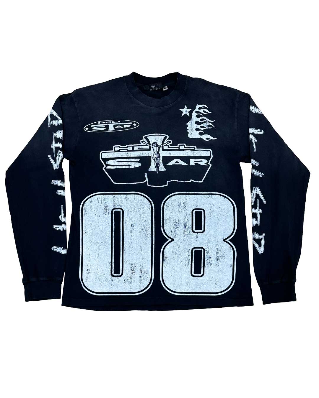 Hellstar 08 L/S Tee black, long sleeve with an oversized distressed 08 under the chrome Hellstar shield, front view