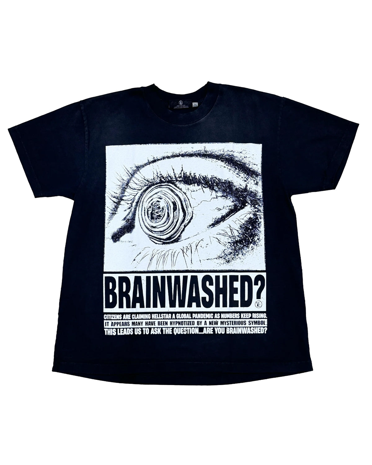 Hellstar Brainwashed Tee Black, black t-shirt with eye illustration and Brainwashed headline graphic, front view