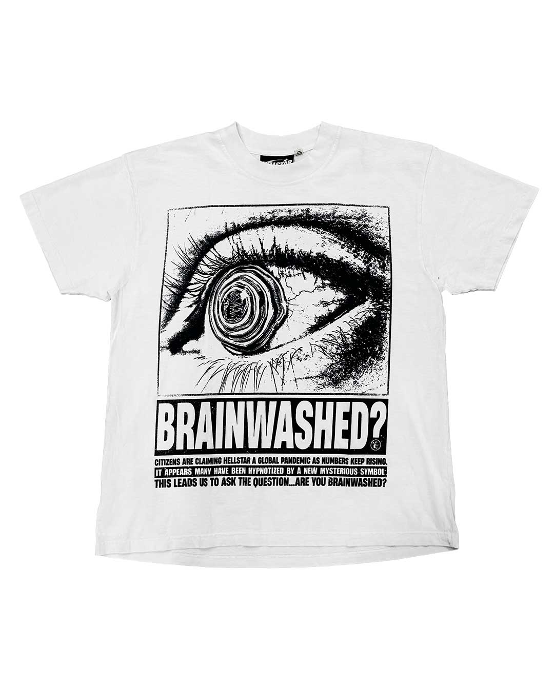 Hellstar Brainwashed Tee cream, cotton tee with a halftone poster of an eye with a spiral iris above a Brainwashed? headline block, front view