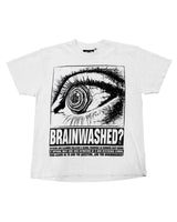 Hellstar Brainwashed Tee cream, cotton tee with a halftone poster of an eye with a spiral iris above a Brainwashed? headline block, front view