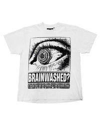Hellstar Brainwashed Tee cream, cotton tee with a halftone poster of an eye with a spiral iris above a Brainwashed? headline block, front view