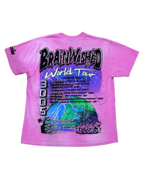 Hellstar Brainwashed World Tour Tee pink, back view with a lightning-lit globe and World Tour dates