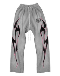 Hellstar Flame Sweatpants Grey, grey sweatpants with black and pink flame graphic, front view