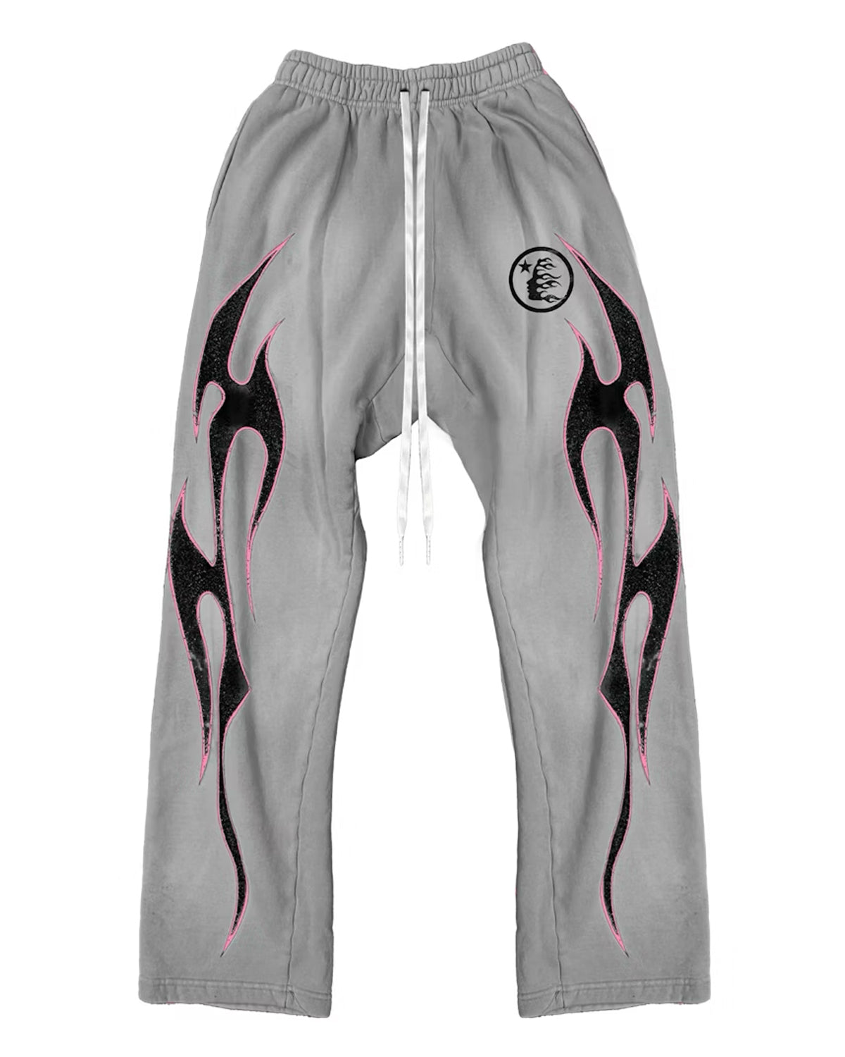 Hellstar Flame Sweatpants Grey, grey sweatpants with black and pink flame graphic, front view