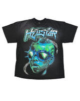 Hellstar Future Tee Black/Green, washed black t-shirt with cyborg goggles graphic, front view