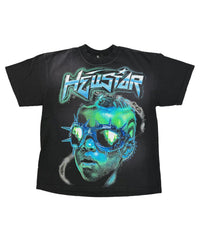 Hellstar Future Tee Black/Green, washed black t-shirt with cyborg goggles graphic, front view